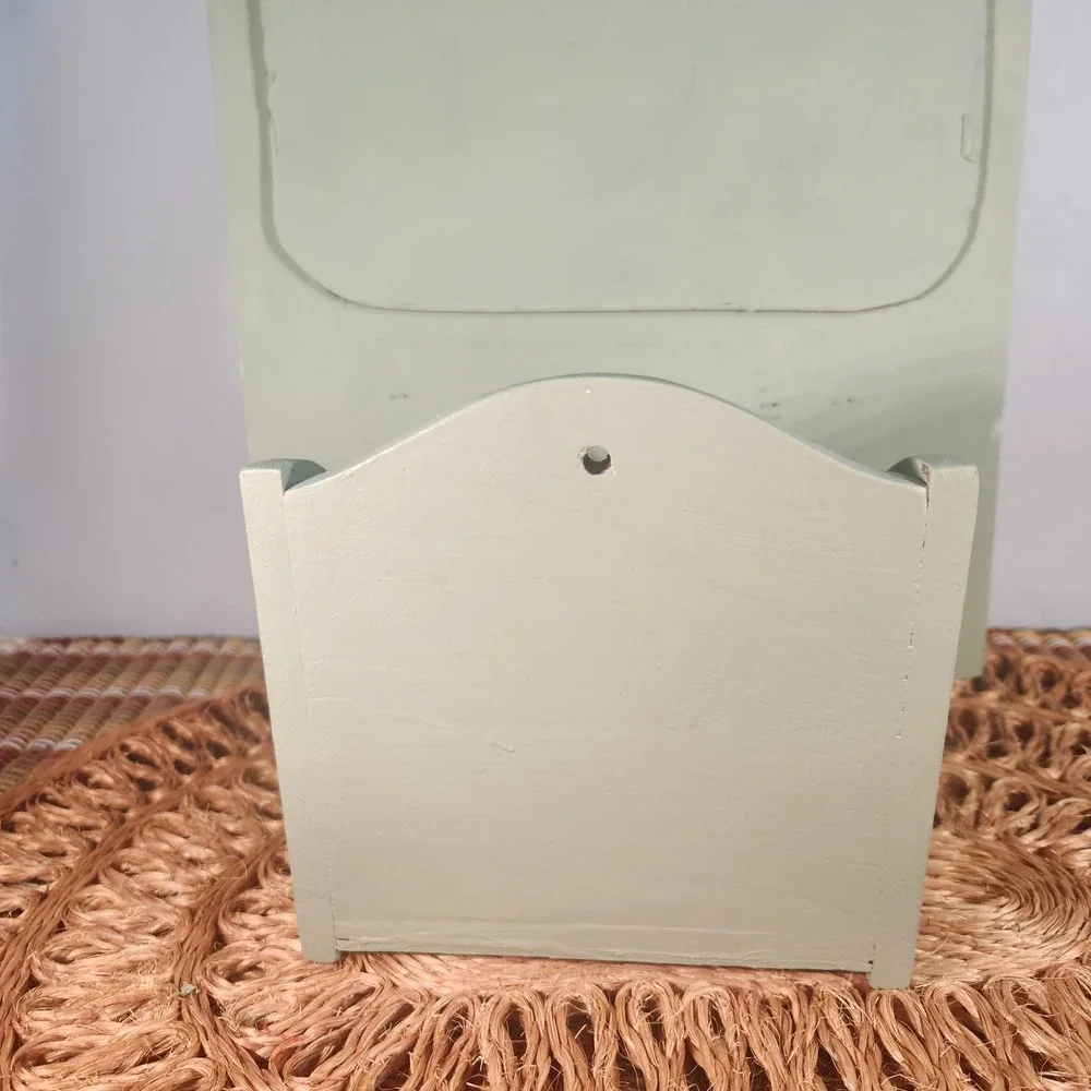 Sage Green Wooden Wall Mirror with Shelf and Matching Heart Trinket/Recipe Box